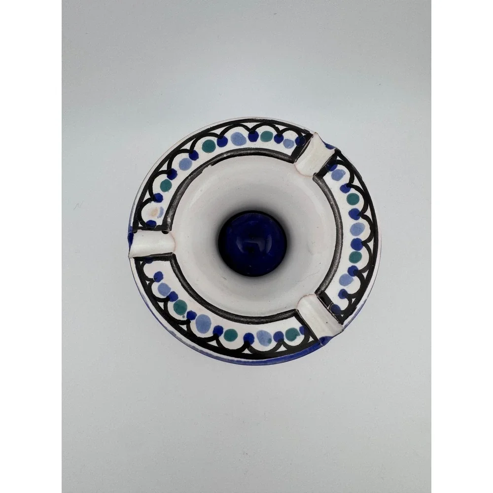Vintage Moroccan Ceramic Handpainted Ashtray Decorative Blue Green Pattern & Lid